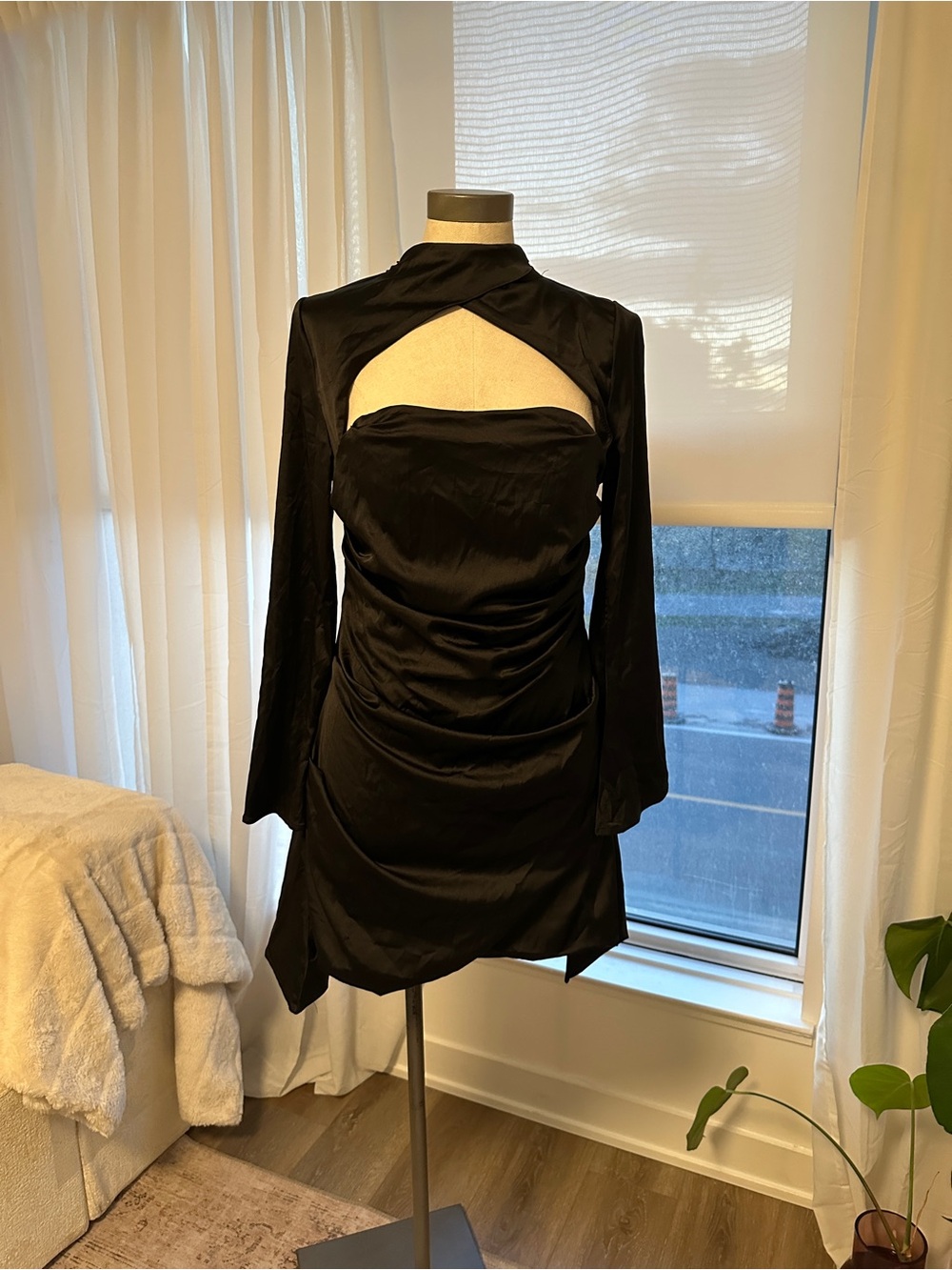Silhouette Black Satin Mini Dress with Chest Cutout